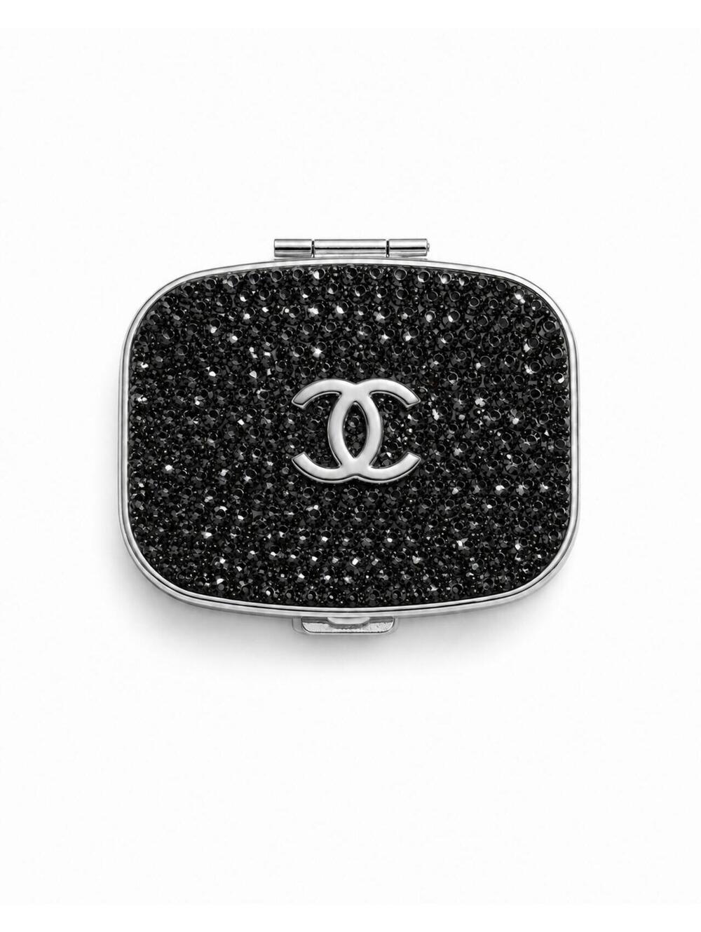 Chanel Black Crystal CC Travel Pill Case Silver Compact with Box - Picture 2 of 8